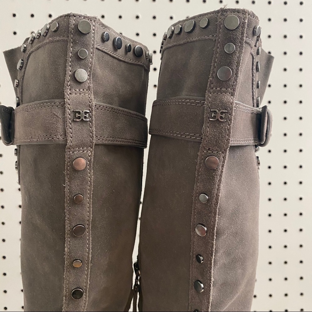 Sam Edelman Gray Suede Studded Knee-High Heeled Boots - Picture 7 of 9